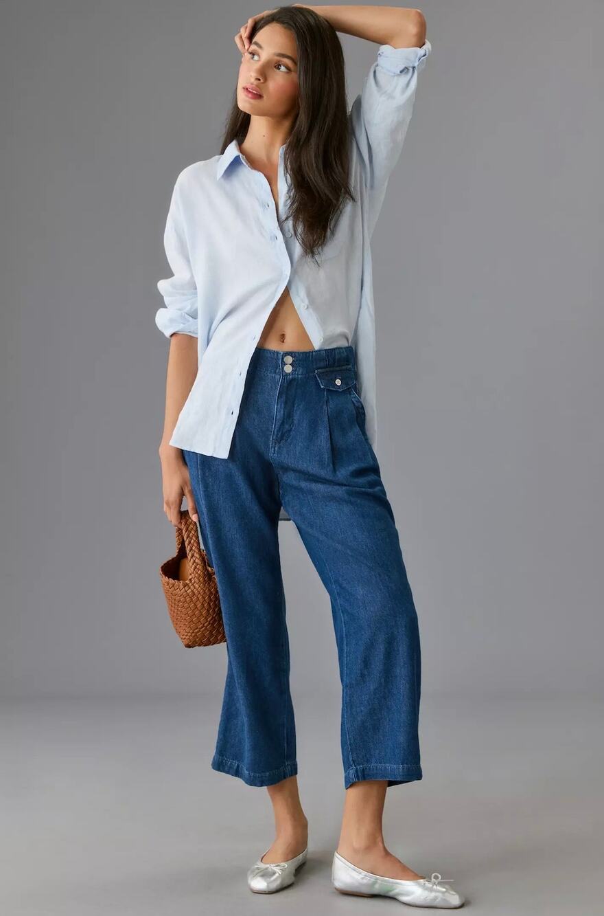 Pilcro Womens 30 Blue Denim Mid Rise Crop Wide Leg Pleated Trouser Jeans